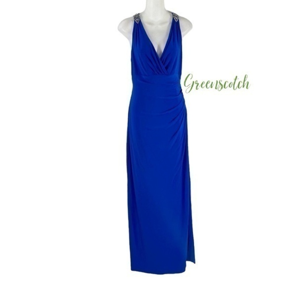 Ralph Lauren cobalt blue sleeveless jersey stretch maxi gown dress 14P 14 petite